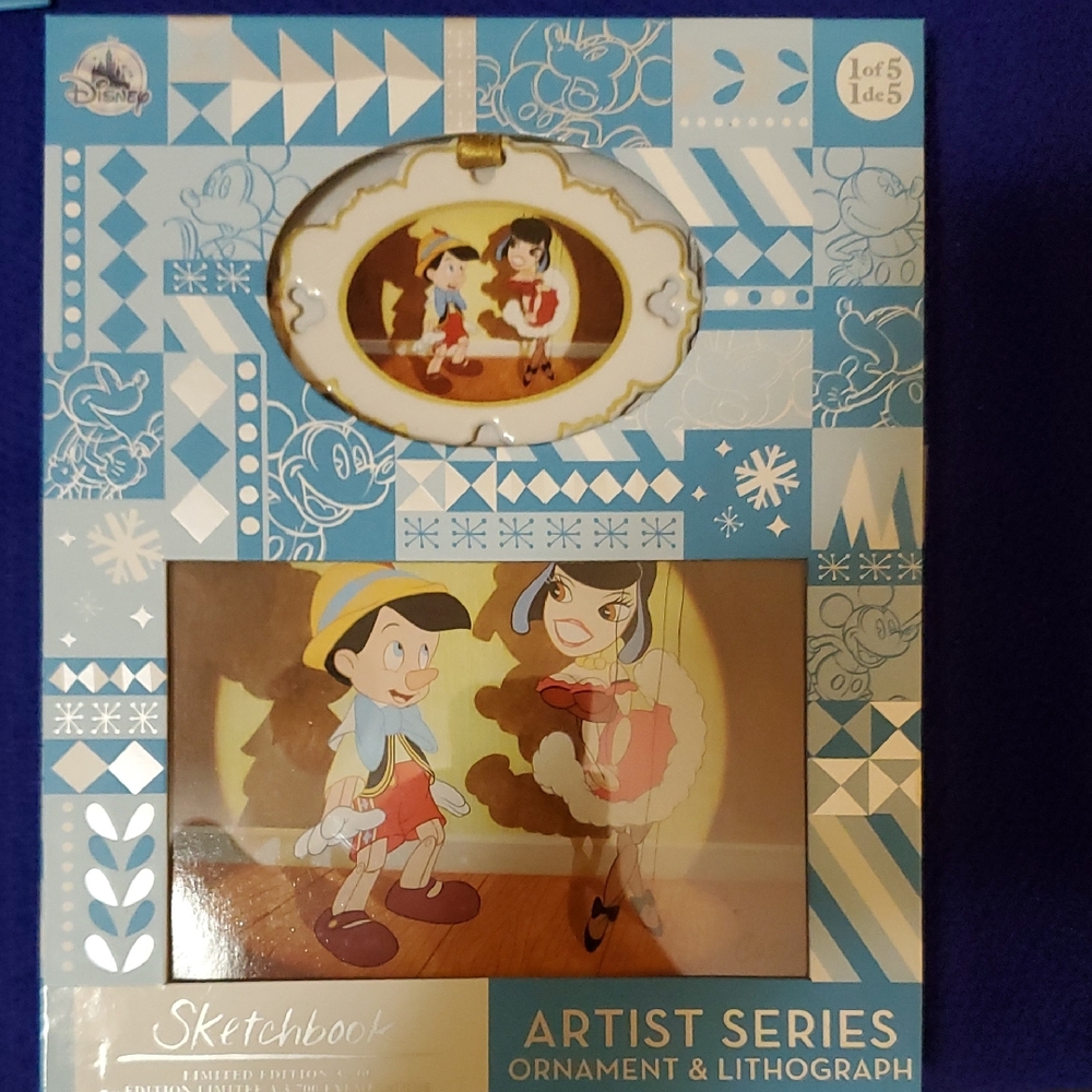 Disney Artist Series Pinocchio Ornament and Lithograph - Blue and White